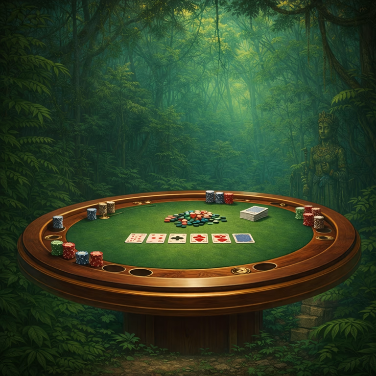 Sankra Casino poker table with cards and chips in immersive jungle environment